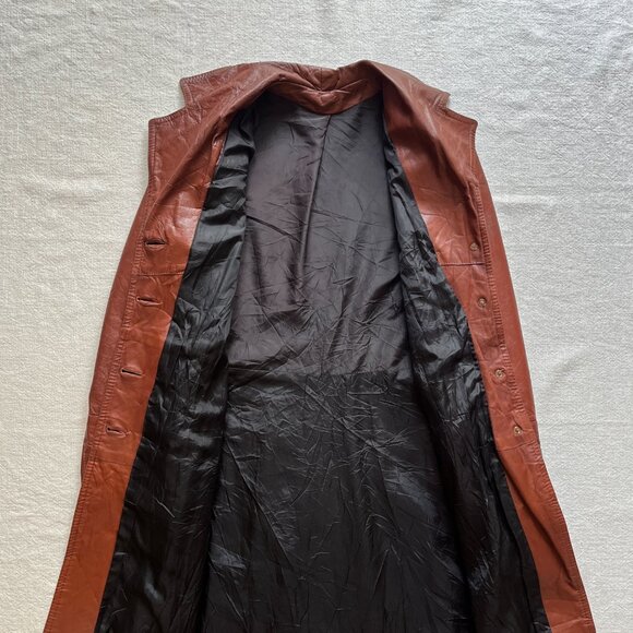 Vintage 70s Women's Leather Fit and Flare Chestnut Brown Long Trench Coat Medium - Picture 5 of 7